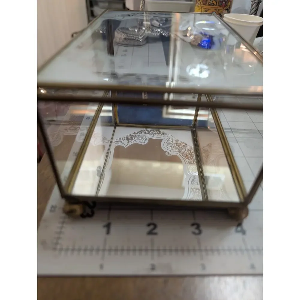 Vintage Brass & Etched Frosted Glass Display Box Trinket Jewelry Casket Vanity
